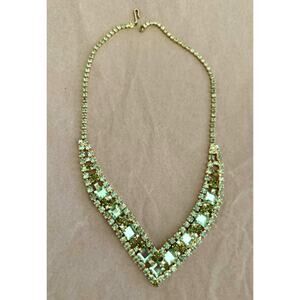 Vintage Green Rhinestone Necklace Gold Tone Statement V Bib Art Deco Style Glam